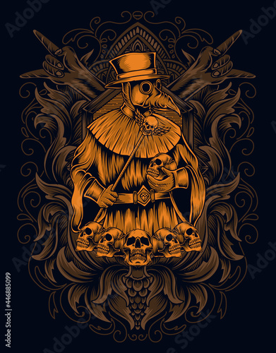illustration scary plague doctor with skull on engraving ornament