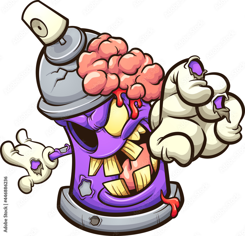 Purple zombie spray can reaching out. Vector clip art illustration with