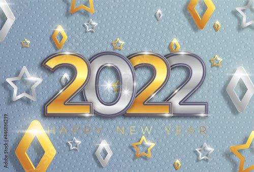 Christmas and New Year banners with 3d gold and silver trinkets. 2022 numbers with gray background. Vector illustration. Winter vacation