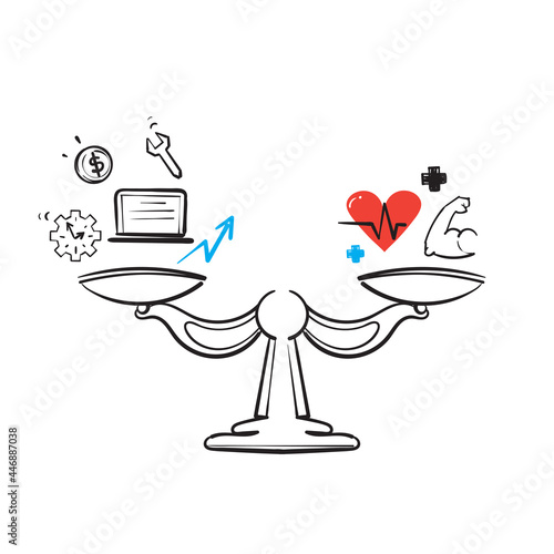hand drawn doodle Health and work on scales illustration symbol for equality isolated
