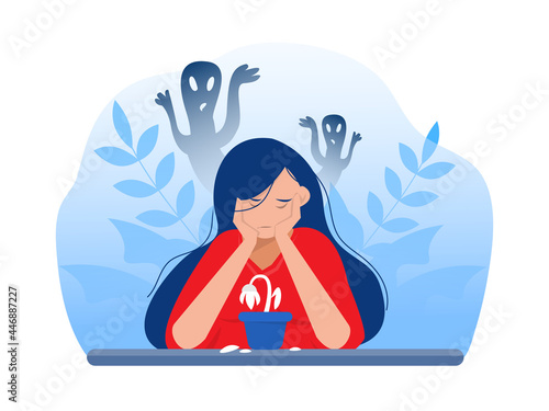 Depressed girl with anxiety and scary fantasies feeling sorrow,fears, sadness vector illustration