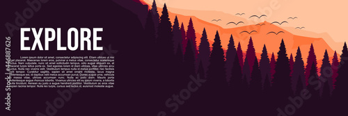 forest mountain flat design vector banner template good for web banner, ads banner, tourism banner, wallpaper, background template, and adventure design backdrop