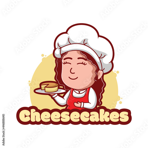 Cute female chef holding cheesecakes vector illustration