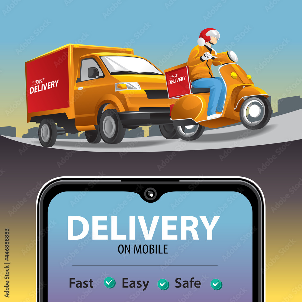 Online delivery phone concept. Fast respond delivery package shipping on mobile. Online order tracking with map. Vector illustration Online delivery phone concept. Fast respond delivery package shipping on mobile. Online order tracking with map. Vector illustration