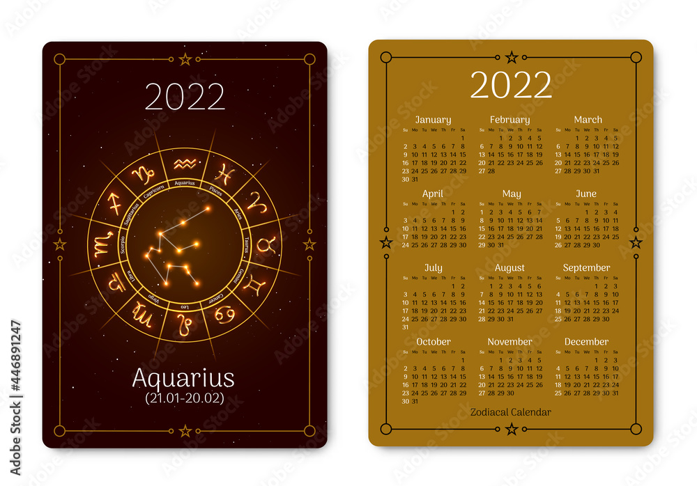 Aquarius calendar of pocket size with zodiac sign. 2022 year double