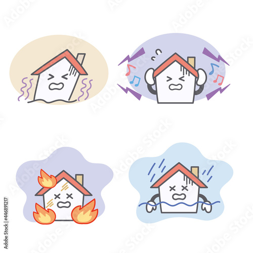 家のキャラクターの災害やトラブルに関する表情セット