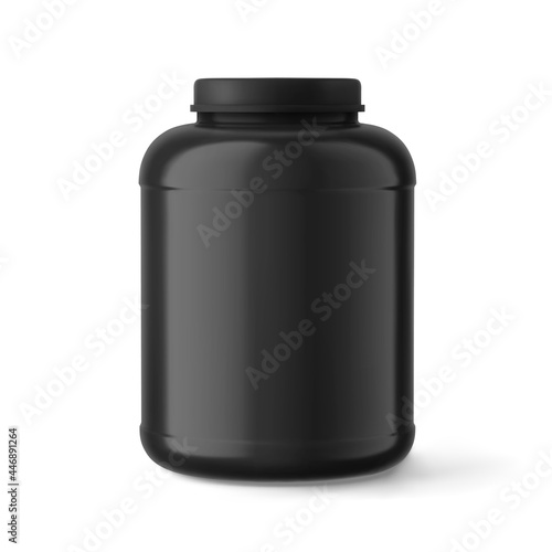 Black blank plastic jar mockup isolated on white. Round sport nutrition supplements container, dietary nutrition, medicine pills packaging 3d vector realistic illustration