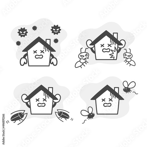 家のキャラクターのウィルスや害虫に関する表情セット