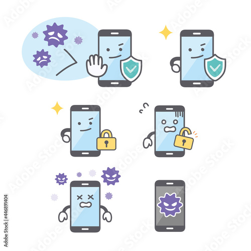 スマホのキャラクターのセキュリティに関する表情セット