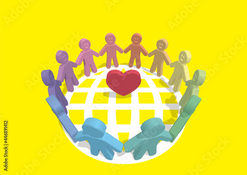 赤いハートを中心に地球の上で手を繋ぐ笑顔の12人の輪