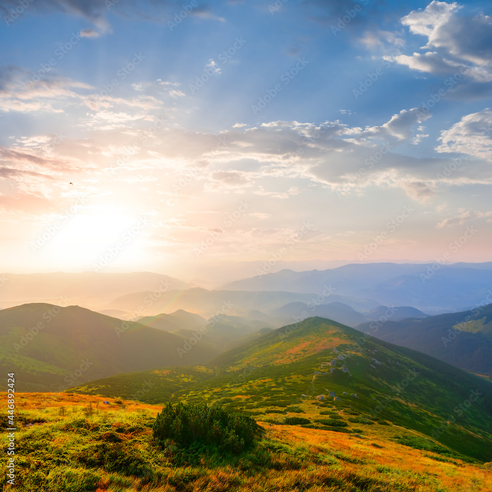 green mountain valley at the sunrise, travel mountain background green mountain valley at the sunrise, travel mountain background