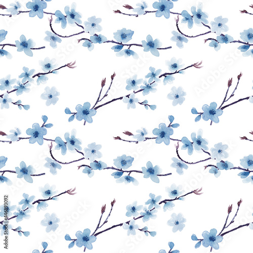 Blue cherry flowers. Seamless pattern chinese style