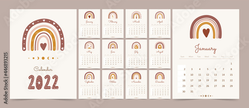 Cute calendar 2022 with boho rainbow for children. Cartoon vector illustration. Template in scandinavian style