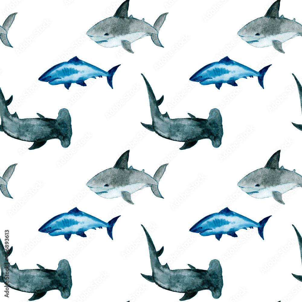 Fototapeta premium Watercolor corals. Seamless pattern with the underwater world sea animals.Paper Watercolor Blue Pattern.Splashy Seashell,Jellyfish,Fairy mermaids.