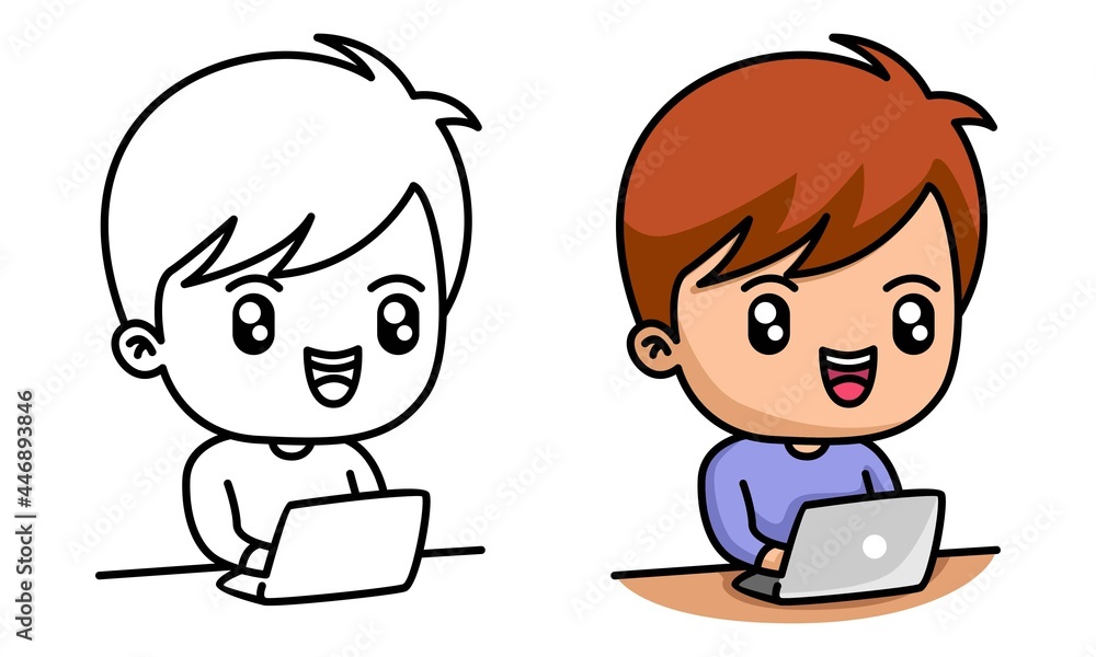 boy working with laptop coloring page for kids
