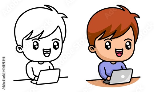 boy working with laptop coloring page for kids