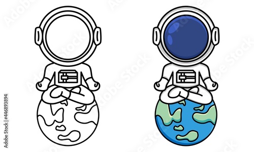 astronaut sitting cross legged on earth and meditating coloring page for kids