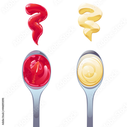 Ketchup and mayonnaise in spoons with swirl set. Vector illustration in flat cartoon style.