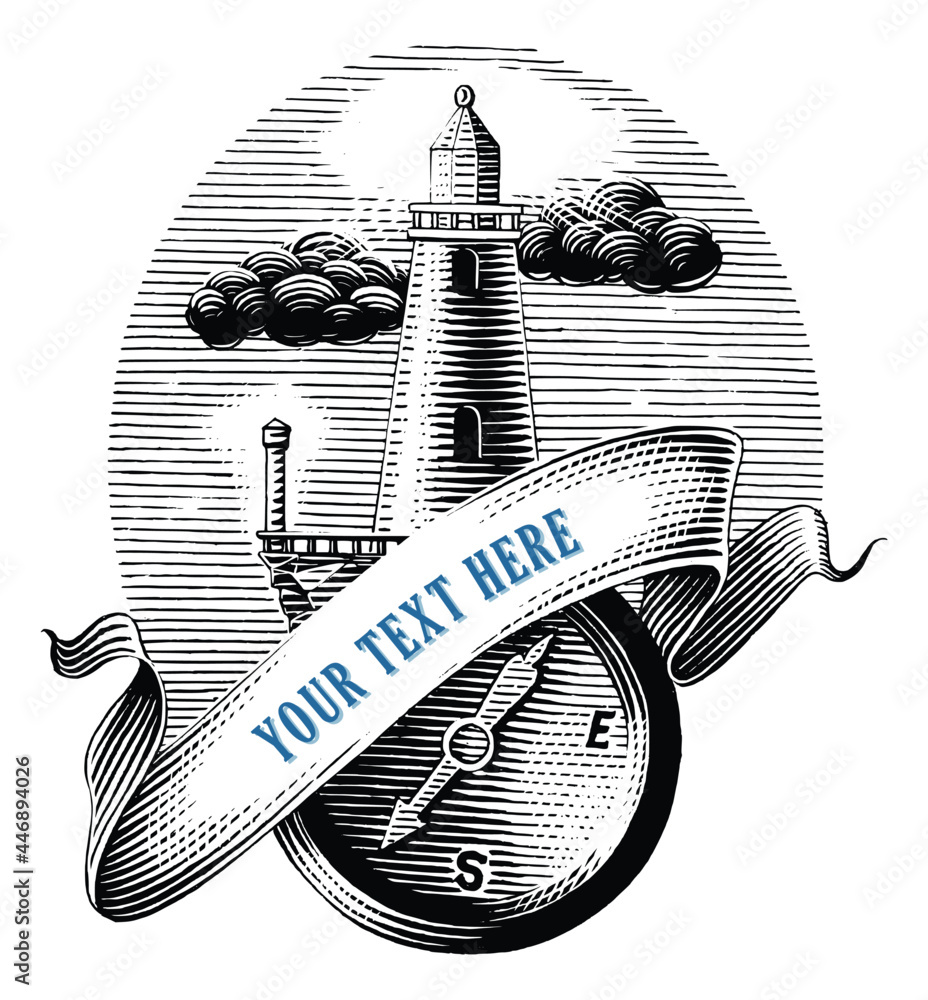 Lighthouse with compass logo hand draw vintage engraving style black ...