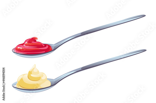 Ketchup and mayonnaise in spoons with swirl set. Vector illustration in flat cartoon style.