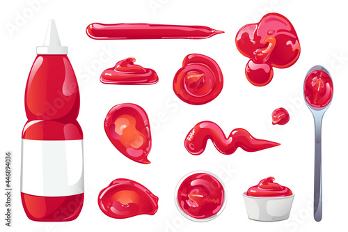 Tomato ketchup stains, splashes, blobs, spoon, jars and bottles set. Red spicy condiment design element in flat cartoon shiny style. Vector illustration