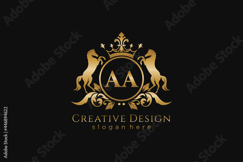 initial AA Retro golden crest with circle and two horses, badge template with scrolls and royal crown - perfect for luxurious branding projects
