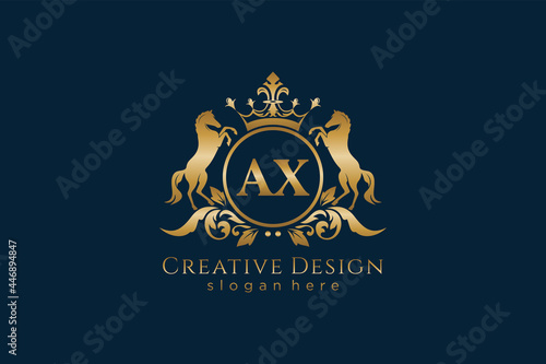 initial AX Retro golden crest with circle and two horses, badge template with scrolls and royal crown - perfect for luxurious branding projects
