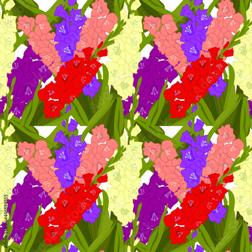 Floral seamless pattern against white background. Gladioli, autumn flowers for a postcard, banner, poster. Colored flat illustration.