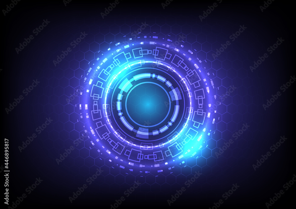 Digital infographic. Abstract hologram hi-tech background. Virtual reality technology electric innovation. Circuit board interface. Futuristic Sci-Fi glowing HUD circle on hexagon. Science data Digital infographic. Abstract hologram hi-tech background. Virtual reality technology electric innovation. Circuit board interface. Futuristic Sci-Fi glowing HUD circle on hexagon. Science data