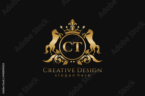 initial CT Retro golden crest with circle and two horses, badge template with scrolls and royal crown - perfect for luxurious branding projects