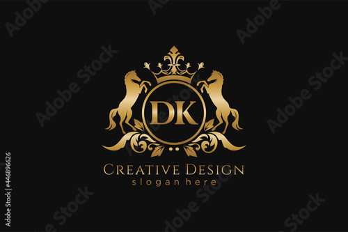 initial DK Retro golden crest with circle and two horses, badge template with scrolls and royal crown - perfect for luxurious branding projects