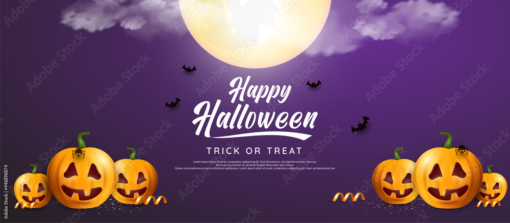 Happy halloween scary pumpkins card with moon and bats Happy halloween scary pumpkins card with moon and bats