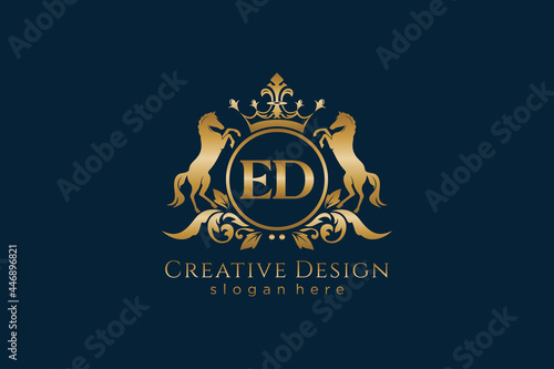 initial ED Retro golden crest with circle and two horses, badge template with scrolls and royal crown - perfect for luxurious branding projects