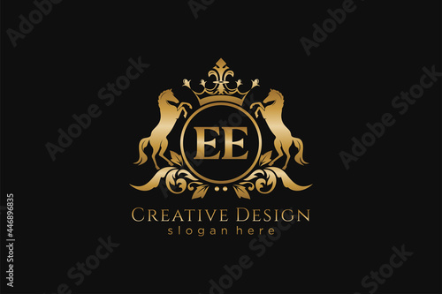 initial EE Retro golden crest with circle and two horses, badge template with scrolls and royal crown - perfect for luxurious branding projects