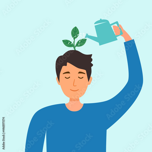 Self care or self compassion concept vector illustration. Mental health or psychological therapy. Man watering plant on his head in flat design.