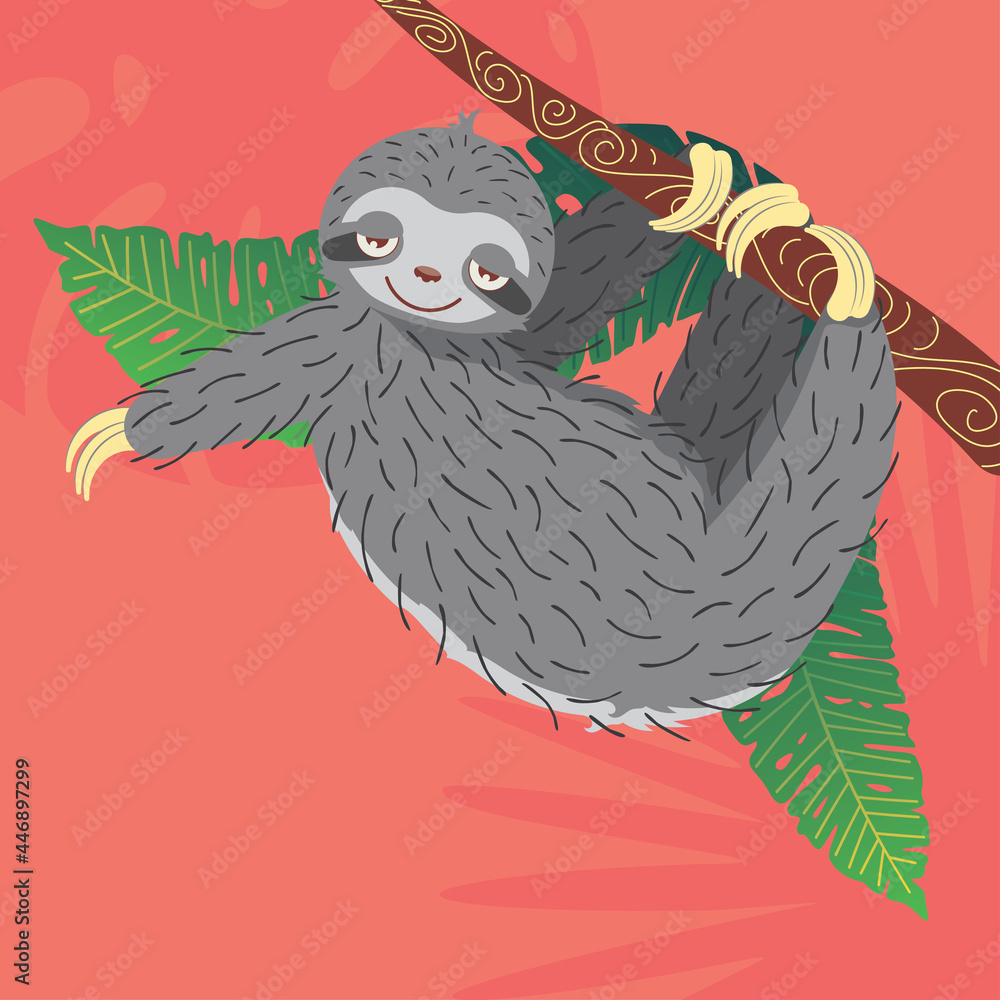 Fototapeta premium Sloth with tropical leaves