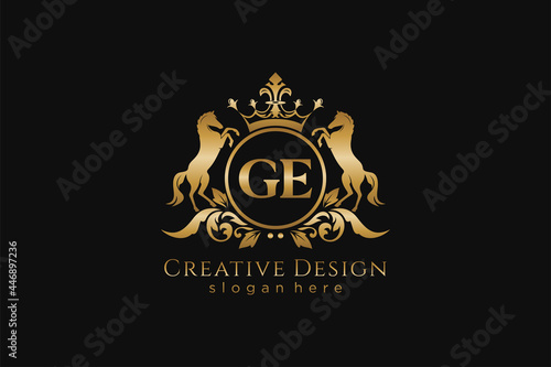 initial GE Retro golden crest with circle and two horses, badge template with scrolls and royal crown - perfect for luxurious branding projects