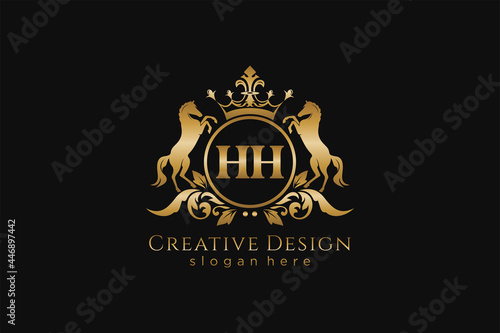 initial HH Retro golden crest with circle and two horses, badge template with scrolls and royal crown - perfect for luxurious branding projects