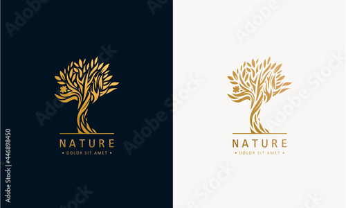 Vector hand drawn tree logo icon template design. Garden plant natural line symbol, silhouette. Branches with leaves business sign. Golden luxury