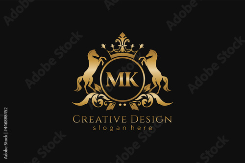 initial MK Retro golden crest with circle and two horses, badge template with scrolls and royal crown - perfect for luxurious branding projects photo