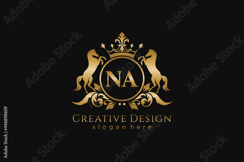 initial NA Retro golden crest with circle and two horses, badge template with scrolls and royal crown - perfect for luxurious branding projects