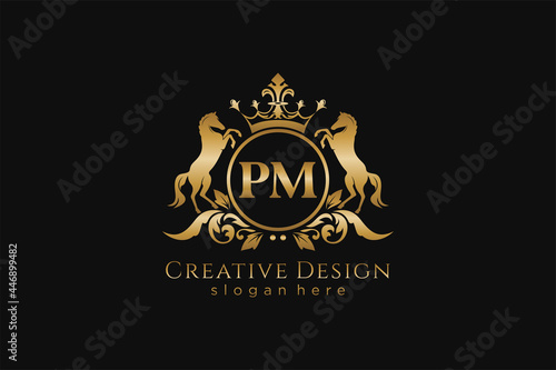 initial PM Retro golden crest with circle and two horses, badge template with scrolls and royal crown - perfect for luxurious branding projects