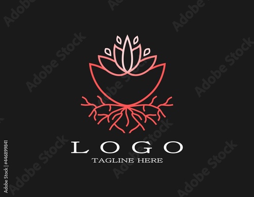 Luxury pink flower logo. Elegant design concept with blooming pink flower and root. Suitable for spa, resort, hotel, beauty, boutique, yoga, salon, perfume.