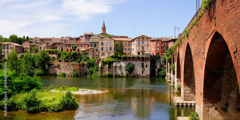 Albi view city and old red brick stone bridge over Tarn river in France