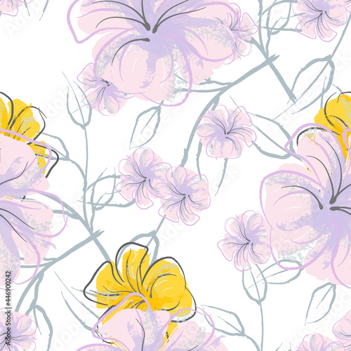 Pink Flowers Blooming Pattern. Pastel Watercolor.