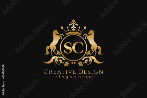 initial SC Retro golden crest with circle and two horses, badge template with scrolls and royal crown - perfect for luxurious branding projects