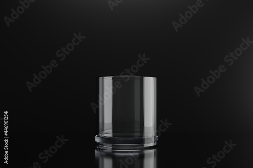3D empty whiskey glass with light reflection isolated on black background. Realistic 3d rendering of whiskey glass. 