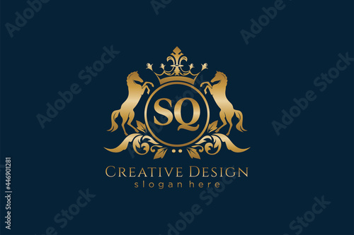 initial SQ Retro golden crest with circle and two horses, badge template with scrolls and royal crown - perfect for luxurious branding projects photo