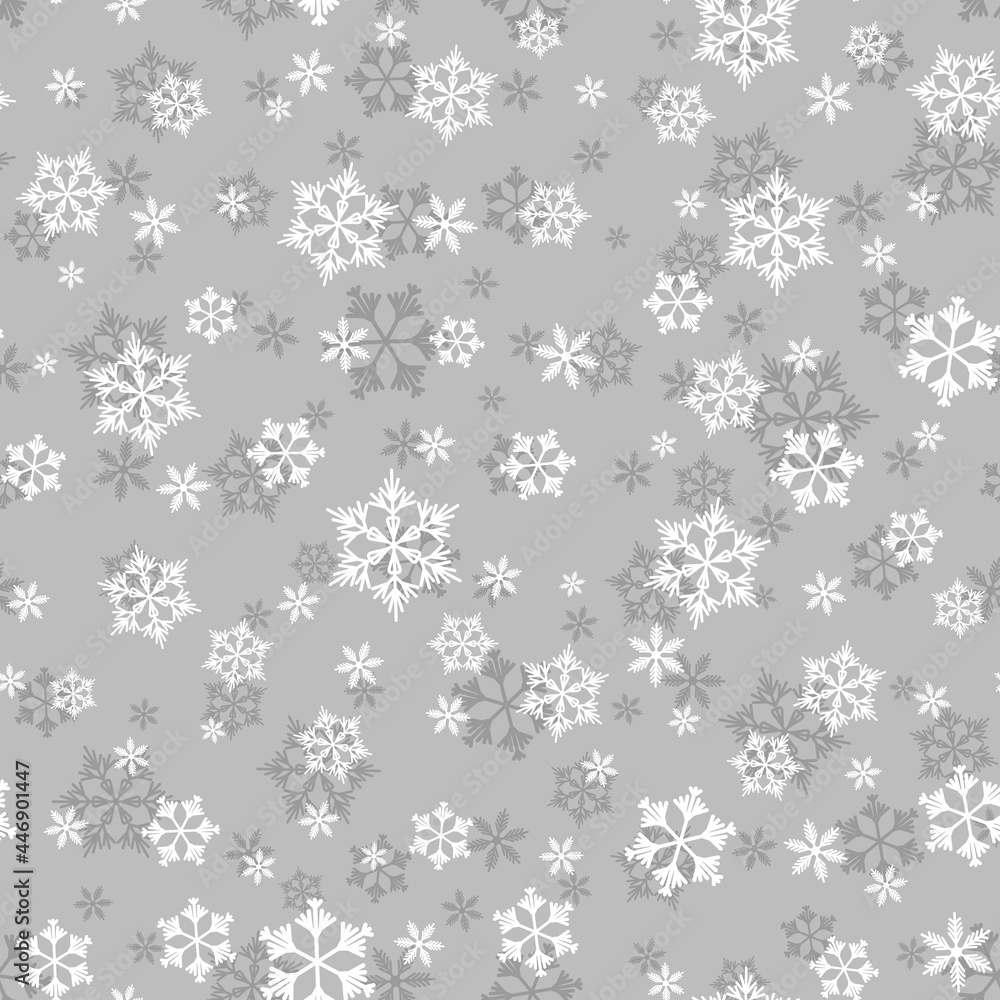 Winter seamless pattern with white snowflakes on grey background. Vector illustration for fabric, textile wallpaper, posters, gift wrapping paper. Christmas vector illustration. Falling snow Winter seamless pattern with white snowflakes on grey background. Vector illustration for fabric, textile wallpaper, posters, gift wrapping paper. Christmas vector illustration. Falling snow