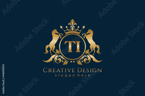 initial TI Retro golden crest with circle and two horses, badge template with scrolls and royal crown - perfect for luxurious branding projects